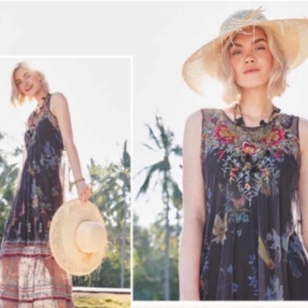 Johnny Was Dress Liylay Maxi Sheer Embroidered in Brown